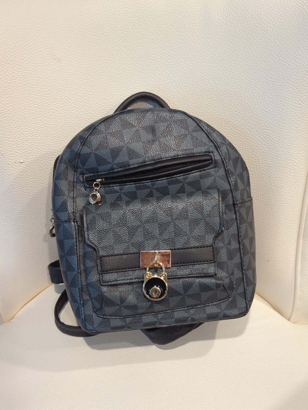 Women's Black Geometric Mini Backpack - Fashion Lock Detail